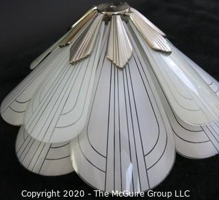 Art Deco Style Petal Form Etched Glass and Chrome ceiling hung lamp shade.  Includes spare petal not shown. 22.5" Wide. Lighting