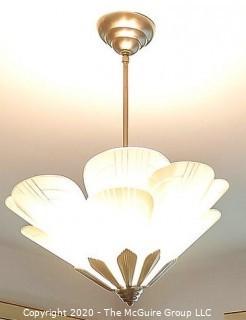 Art Deco Style Petal Form Etched Glass and Chrome ceiling hung lamp shade.  Includes spare petal not shown. 22.5" Wide. Lighting