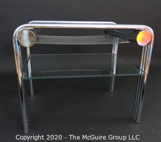 Art Deco Style Heavy Chrome Glass Occasional Table, Swaim Furniture Company; modified with 2 lower plexiglass shelves; 26.5 x 26.5 x 22"T
