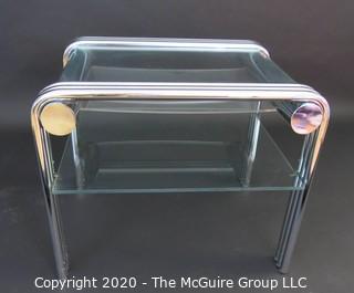 Art Deco Style Heavy Chrome Glass Occasional Table, Swaim Furniture Company; modified with 2 lower plexiglass shelves; 26.5 x 26.5 x 22"T
