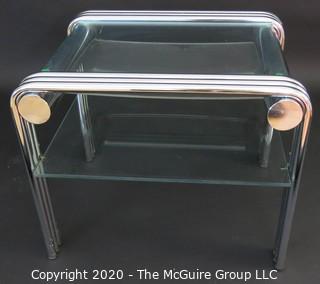 Art Deco Style Heavy Chrome Glass Occasional Table, Swaim Furniture Company; modified with 2 lower plexiglass shelves; 26.5 x 26.5 x 22"T
