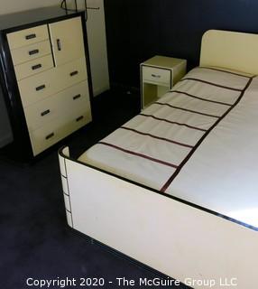 Art Deco Period Metal Bedroom Suite designed by Norman Bel Geddes for Simmons Co., 1932; includes Bed Frame (53 x 81 x 36), Tall Dresser (39 x 19 x 43), Double Dresser (47 x 19 x 36) and Mirror (27.5 x 32.5), Bedside Table (14.5W x 13D x 23"T and Side Chair (16 x 19 x 32"T). Furniture 