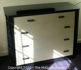 Art Deco Period Metal Bedroom Suite designed by Norman Bel Geddes for Simmons Co., 1932; includes Bed Frame (53 x 81 x 36), Tall Dresser (39 x 19 x 43), Double Dresser (47 x 19 x 36) and Mirror (27.5 x 32.5), Bedside Table (14.5W x 13D x 23"T and Side Chair (16 x 19 x 32"T). Furniture 