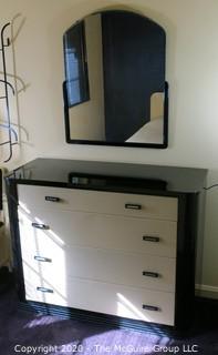 Art Deco Period Metal Bedroom Suite designed by Norman Bel Geddes for Simmons Co., 1932; includes Bed Frame (53 x 81 x 36), Tall Dresser (39 x 19 x 43), Double Dresser (47 x 19 x 36) and Mirror (27.5 x 32.5), Bedside Table (14.5W x 13D x 23"T and Side Chair (16 x 19 x 32"T). Furniture 