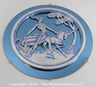 Art Deco Blue Glass Mirror with Overlay of Woman Walking with Unicorn; 30.5" Diameter