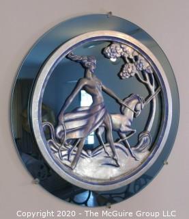 Art Deco Blue Glass Mirror with Overlay of Woman Walking with Unicorn; 30.5" Diameter