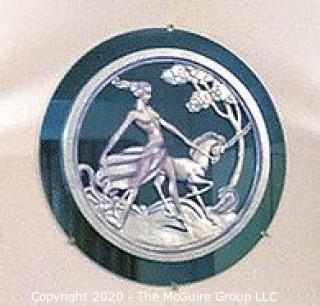 Art Deco Blue Glass Mirror with Overlay of Woman Walking with Unicorn; 30.5" Diameter