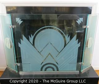 Etched and Beveled 5/8" Tempered Glass Art Deco Motif Fireplace Screen with Chrome Accents and Hinges; Reproduction of Italian Piece by Resnick of Alexandria, VA; center panel 36"W x 34.5"T; side panels 10" each