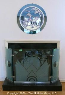 Etched and Beveled 5/8" Tempered Glass Art Deco Motif Fireplace Screen with Chrome Accents and Hinges; Reproduction of Italian Piece by Resnick of Alexandria, VA; center panel 36"W x 34.5"T; side panels 10" each