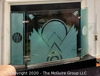 Etched and Beveled 5/8" Tempered Glass Art Deco Motif Fireplace Screen with Chrome Accents and Hinges; Reproduction of Italian Piece by Resnick of Alexandria, VA; center panel 36"W x 34.5"T; side panels 10" each