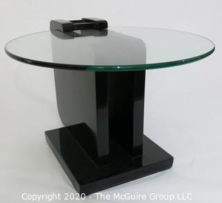 Art Deco style 2 Level Black Lacquered Cocktail Table with Suspended Glass Insert; 24" diameter glass; Base 14" x 19"