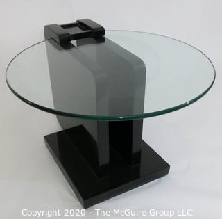 Art Deco style 2 Level Black Lacquered Cocktail Table with Suspended Glass Insert; 24" diameter glass; Base 14" x 19"