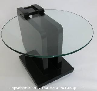 Art Deco style 2 Level Black Lacquered Cocktail Table with Suspended Glass Insert; 24" diameter glass; Base 14" x 19"