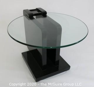 Art Deco style 2 Level Black Lacquered Cocktail Table with Suspended Glass Insert; 24" diameter glass; Base 14" x 19"