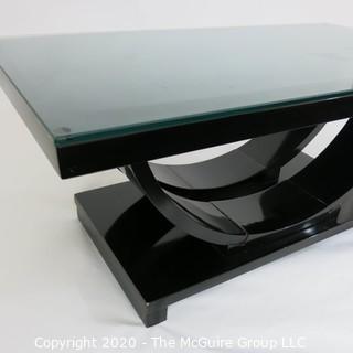 Art Deco: Glass Topped Black Lacquered Cocktail Table with Arched Support; 40.5 x 22 x 17"T 