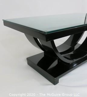 Art Deco: Glass Topped Black Lacquered Cocktail Table with Arched Support; 40.5 x 22 x 17"T 