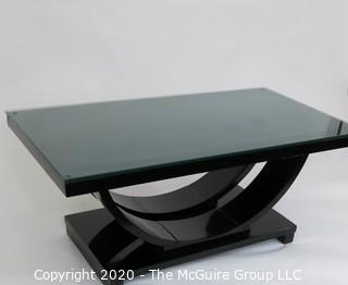 Art Deco: Glass Topped Black Lacquered Cocktail Table with Arched Support; 40.5 x 22 x 17"T 