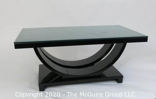 Art Deco: Glass Topped Black Lacquered Cocktail Table with Arched Support; 40.5 x 22 x 17"T 