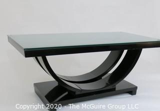 Art Deco: Glass Topped Black Lacquered Cocktail Table with Arched Support; 40.5 x 22 x 17"T 