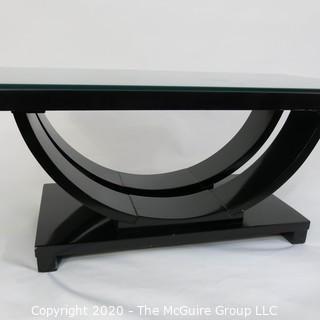 Art Deco: Glass Topped Black Lacquered Cocktail Table with Arched Support; 40.5 x 22 x 17"T 