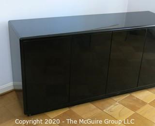 Art Deco Style Black Lacquered Buffet; (2) sets of double doors, each with pullout top drawer with two shelves beneath. Made in Italy. 66W x 20D x 32"T  