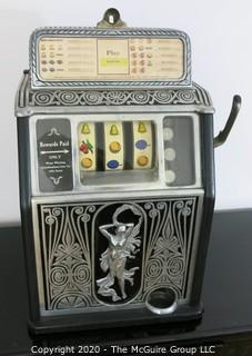 "The Naked Lady" Art Deco Caille Bros. Superior 25 Cent Bell Fruit Gum Slot Machine, circa 1925 in Working Condition. 13 5/8" x 12 3/8" x 22"T. 