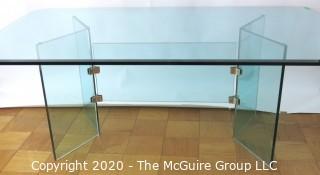 Art Deco Style "Vee" Dining Table.  Includes 5/8" Thick Glass Top With 1" Bevel Edge and Sits on Glass Base. 78"L 48"W 29H. Note: ~ 1/2" chip on underside of table top along edge.