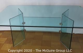 Art Deco Style "Vee" Dining Table.  Includes 5/8" Thick Glass Top With 1" Bevel Edge and Sits on Glass Base. 78"L 48"W 29H. Note: ~ 1/2" chip on underside of table top along edge.