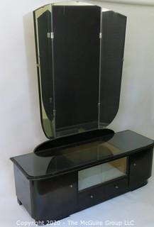 Art Deco style Black Lacquered Low Dresser with Shadow Box Mirrored Display Area and Attached Triptych Fan Dressing Mirror.  52.5"W x 18"D x 66"T 