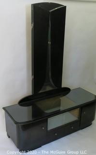 Art Deco style Black Lacquered Low Dresser with Shadow Box Mirrored Display Area and Attached Triptych Fan Dressing Mirror.  52.5"W x 18"D x 66"T 