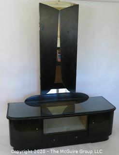 Art Deco style Black Lacquered Low Dresser with Shadow Box Mirrored Display Area and Attached Triptych Fan Dressing Mirror.  52.5"W x 18"D x 66"T 