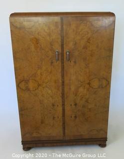 Tall men's dressing cabinet; Art Deco Period Piece with highly figured book-matched veneer front; 33"W  51"T x 19"D.  Vintage. Furniture.