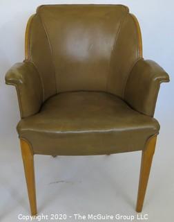 Two Vintage English Club Chairs with Leather Upholstery and Birds-Eye Maple Veneer, circa 1936.  Small amount of delamination on top ridge of one chair as shown. Outside arm to arm width 25.5"; inside seat to seat width 17", seat depth 18.5", seat height 19.5", height at back 35.5")