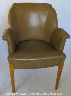 Two Vintage English Club Chairs with Leather Upholstery and Birds-Eye Maple Veneer, circa 1936.  Small amount of delamination on top ridge of one chair as shown. Outside arm to arm width 25.5"; inside seat to seat width 17", seat depth 18.5", seat height 19.5", height at back 35.5")