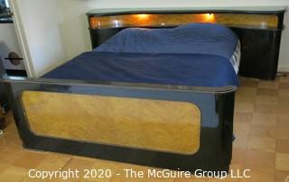 Art Deco Bed Frame, Black Lacquered and Bird's Eye Maple Veneer. From Hotel in Berlin, Pre War.  Lighted Head Board with Storage. 100"W x 32.5"T. Baseboard is 77"W x 27.5"T. Queen Size.