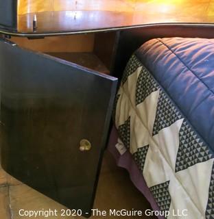 Art Deco Bed Frame, Black Lacquered and Bird's Eye Maple Veneer. From Hotel in Berlin, Pre War.  Lighted Head Board with Storage. 100"W x 32.5"T. Baseboard is 77"W x 27.5"T. Queen Size.