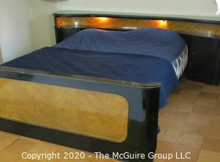 Art Deco Bed Frame, Black Lacquered and Bird's Eye Maple Veneer. From Hotel in Berlin, Pre War.  Lighted Head Board with Storage. 100"W x 32.5"T. Baseboard is 77"W x 27.5"T. Queen Size.