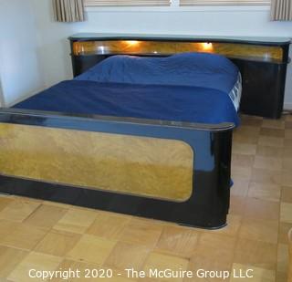 Art Deco Bed Frame, Black Lacquered and Bird's Eye Maple Veneer. From Hotel in Berlin, Pre War.  Lighted Head Board with Storage. 100"W x 32.5"T. Baseboard is 77"W x 27.5"T. Queen Size.