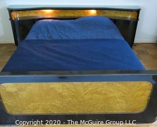 Art Deco Bed Frame, Black Lacquered and Bird's Eye Maple Veneer. From Hotel in Berlin, Pre War.  Lighted Head Board with Storage. 100"W x 32.5"T. Baseboard is 77"W x 27.5"T. Queen Size.