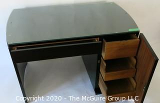 French Art Deco Black Lacquered Desk with Curved Sides & Four Drawers.  Includes non-period "Paperclip" Chair. Desk Measures 47W x 27.5D x 30T 