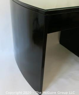 French Art Deco Black Lacquered Desk with Curved Sides & Four Drawers.  Includes non-period "Paperclip" Chair. Desk Measures 47W x 27.5D x 30T 