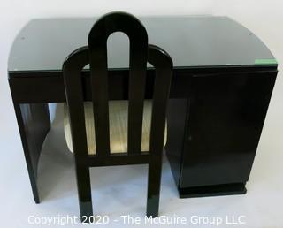 French Art Deco Black Lacquered Desk with Curved Sides & Four Drawers.  Includes non-period "Paperclip" Chair. Desk Measures 47W x 27.5D x 30T 