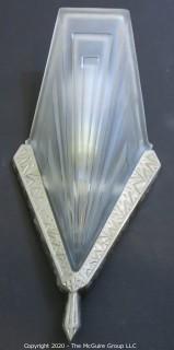 Pair of French Art Deco Frosted Glass Wall Light Sconces by David Gueron, Signed Degué, with Fan Shaped Glass Shade with Intricate Geometric Motif in Nickel Frame. 14.5"T x 7.5"W