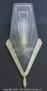 Pair of French Art Deco Frosted Glass Wall Light Sconces by David Gueron, Signed Degué, with Fan Shaped Glass Shade with Intricate Geometric Motif in Nickel Frame. 14.5"T x 7.5"W