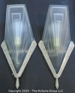 Pair of French Art Deco Frosted Glass Wall Light Sconces by David Gueron, Signed Degué, with Fan Shaped Glass Shade with Intricate Geometric Motif in Nickel Frame. 14.5"T x 7.5"W