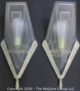 Pair of French Art Deco Frosted Glass Wall Light Sconces by David Gueron, Signed Degué, with Fan Shaped Glass Shade with Intricate Geometric Motif in Nickel Frame. 14.5"T x 7.5"W