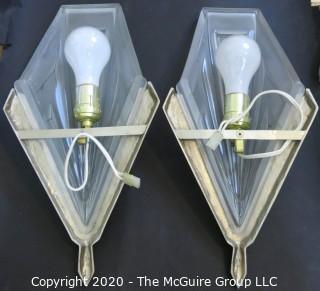 Pair of French Art Deco Frosted Glass Wall Light Sconces by David Gueron, Signed Degué, with Fan Shaped Glass Shade with Intricate Geometric Motif in Nickel Frame. 14.5"T x 7.5"W