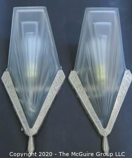 Pair of French Art Deco Frosted Glass Wall Light Sconces by David Gueron, Signed Degué, with Fan Shaped Glass Shade with Intricate Geometric Motif in Nickel Frame. 14.5"T x 7.5"W