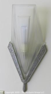 Pair of French Art Deco Frosted Glass Wall Light Sconces by David Gueron, Signed Degué, with Fan Shaped Glass Shade with Intricate Geometric Motif in Nickel Frame. 14.5"T x 7.5"W