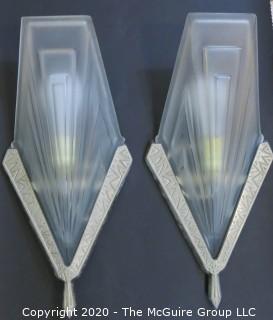 Pair of French Art Deco Frosted Glass Wall Light Sconces by David Gueron, Signed Degué, with Fan Shaped Glass Shade with Intricate Geometric Motif in Nickel Frame. 14.5"T x 7.5"W